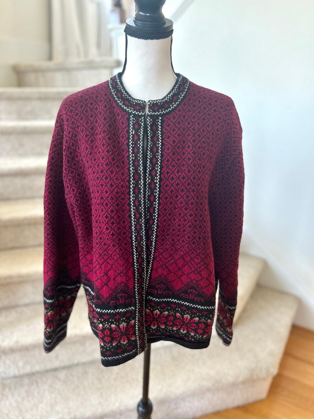 Vintage Frost Petite Burgundy Icelandic Fair Isle Snowflake Wool Cardigan